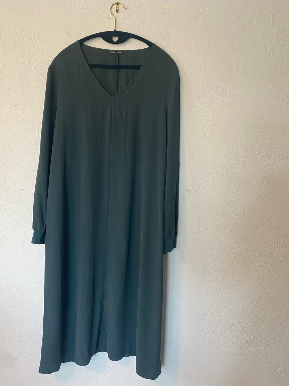 Eileen Fisher Forest Green V-Neck Long Sleeve Midi Dress
